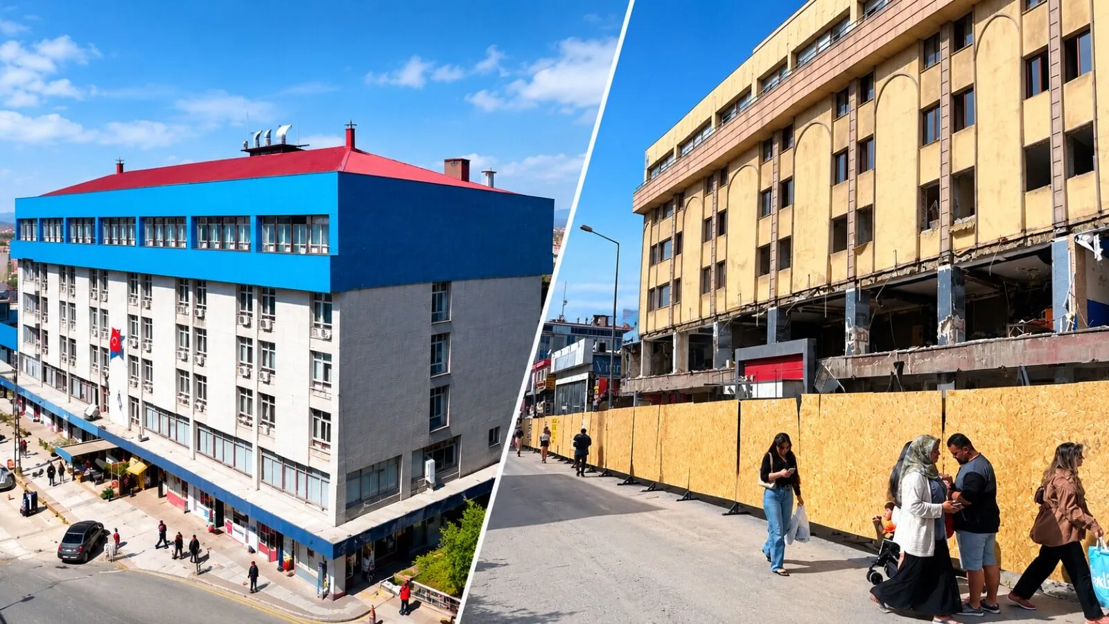 [Fotoğraf: Binanın en üst katında ve çatısında ön hazırlık yapan yıkım ekipleri]