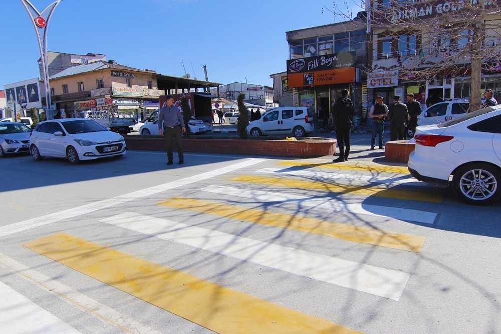 Erciş Belediyesi yaya geçidi, duraklar ve kasislerde boyama çalışmaları yaptı