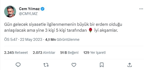 Cem Yılmaz'dan Sinan Oğan'ın 2. turda Cumhurbaşkanı Erdoğan'a destek vermesine ilk tepki