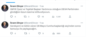 İkram Dinçer paylaştı! DEVA'da şok istifa