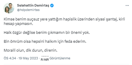 Selahattin Demirtaş'tan 2. tur seçimlerine 9 gün kala dikkat çeken paylaşım: Kimse benim hapisliğim üzerinden kirli hesap yapmasın