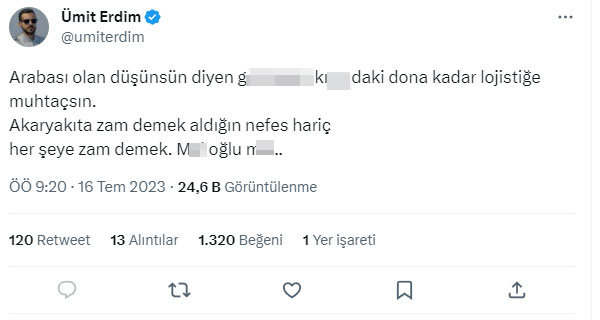 Oyuncu Ümit Erdim, akaryakıt fiyatlarına gelen okkalı zamma tepki gösterdi