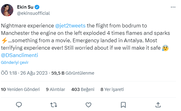 Aşk Adası'nın yıldızı Ekin Su Cülcüloğlu'nun bindiği uçağın motoru alev aldı