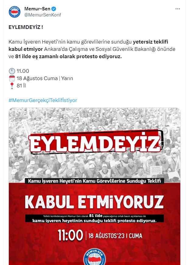Hükümetin ikinci teklifinden de memnun kalmayan Memur-Sen'den 81 ilde eylem kararı