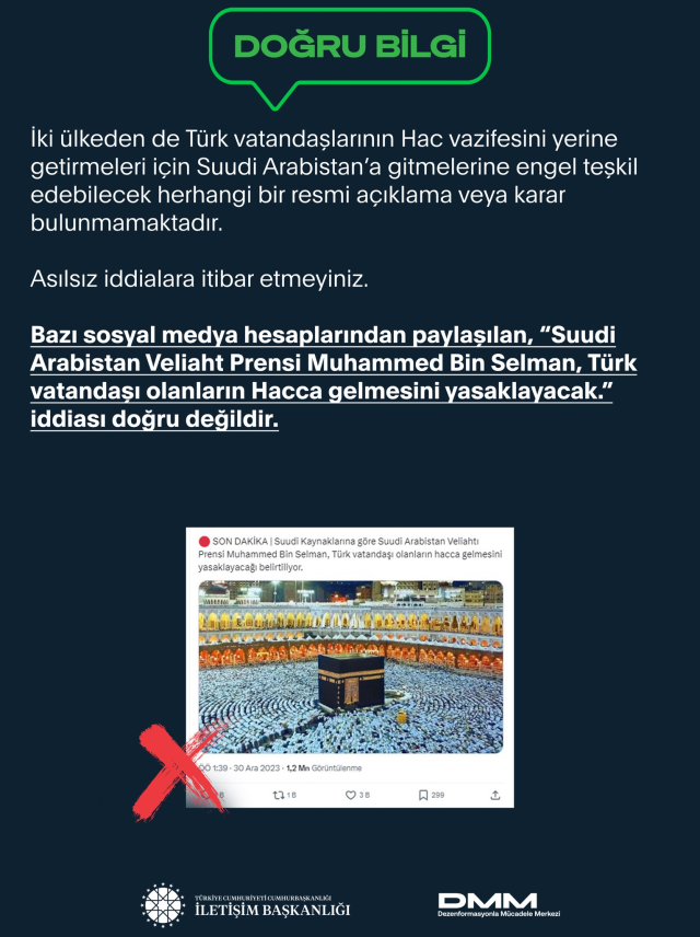 Dezenformasyonla Mücadele Merkezi: Türk vatandaşlarına hac yasağı iddiaları doğru değil