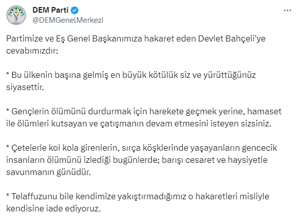 DEM Parti'den Bahçeli'ye 4 maddelik yanıt: Bu ülkenin başına gelmiş en büyük kötülük siz ve yürüttüğünüz siyasettir