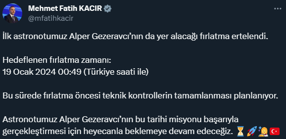 Türkiye'nin ilk astronotu Alper Gezeravcı'nın da üyesi olduğu Ax-3 misyonunun uzay yolculuğu ertelendi