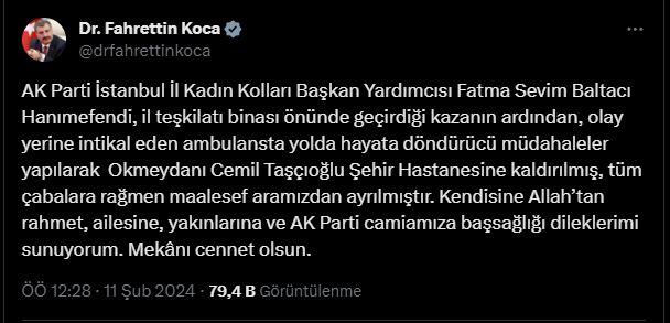 AK Parti İstanbul Kadın Kolları Başkan Yardımcısı Fatma Sevim Baltacı hayatını kaybetti